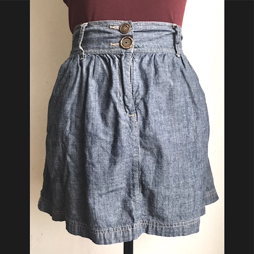 Denim A-Line Mini Skirt: High Waisted Lightweight, Double Bronze Buttons, Sz. M